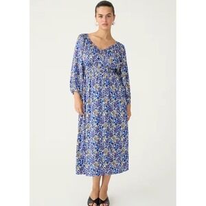 J Crew Midi Dress Plus Size 3X Blue Fete Floral Boho Flowing Smock Waist Pocket